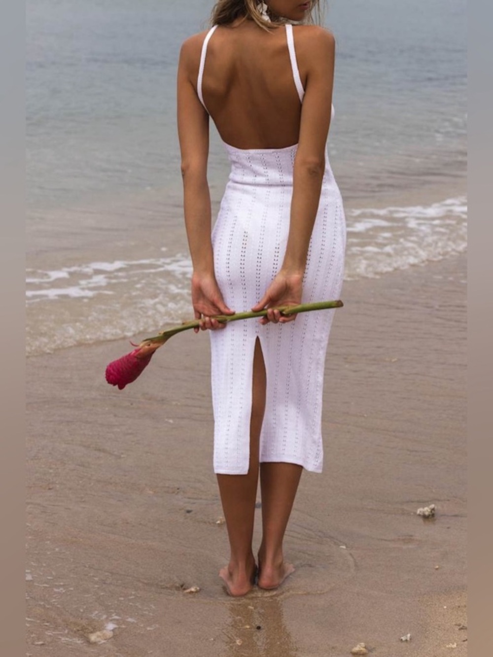 Lulu"s white knit dress with center rose detail - Picture 8 of 8